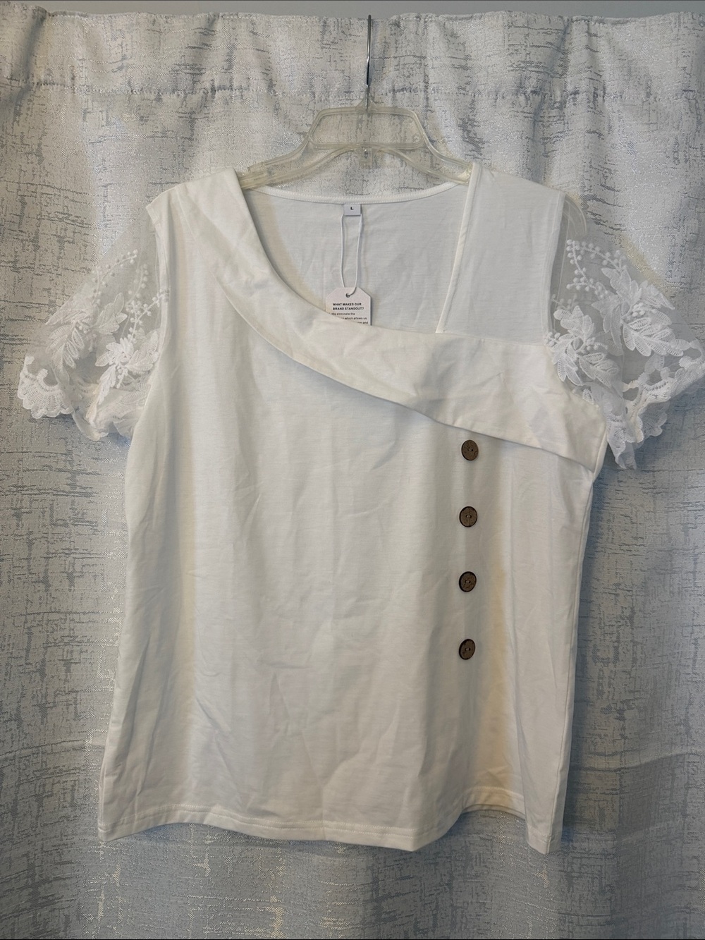 Women's White Lace Sleeve Button-Accent Top